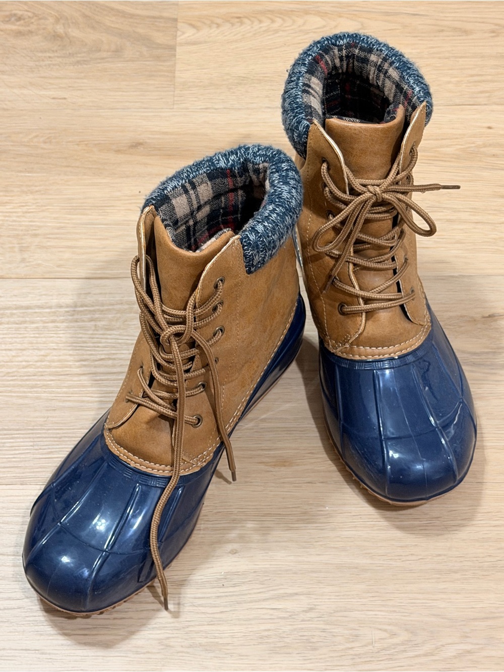 JustFab Brown and Navy Lace-Up Waterproof Boots